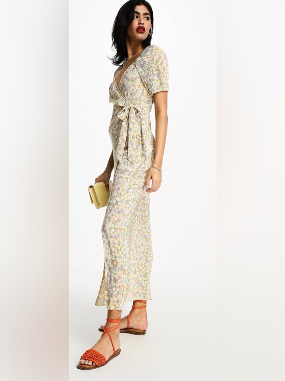 ASOS Pastel Floral Plisse Wrap Maxi Dress